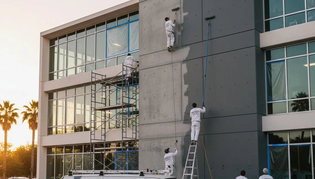 Professional commercial painters finishing office exterior in Brandon, FL for durable, weather-resistant results