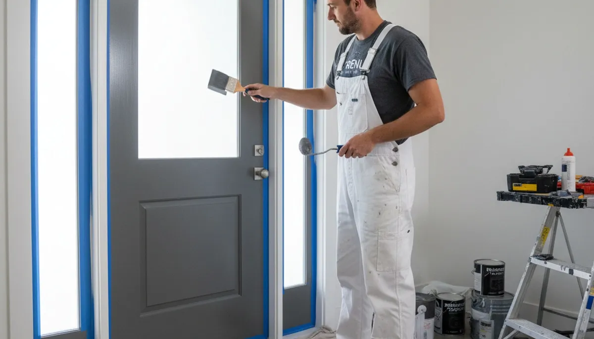 Professional painter refinishing front entry door in Brandon, FL for durable, sun-resistant finish
