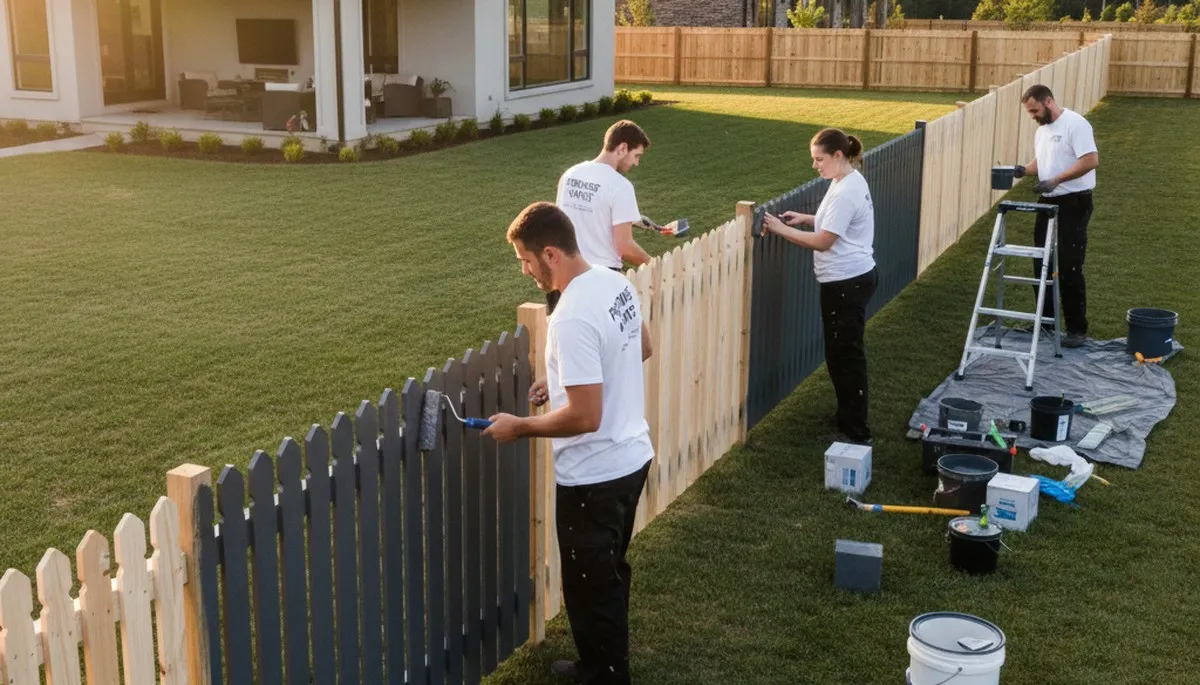 Professional fence painters coating wood fence in Brandon, FL for lasting color and weather protection